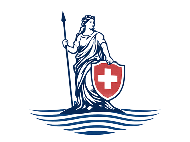 SWISSMEPA crest: Helvetia holding a spear and the Swiss shield above the waves