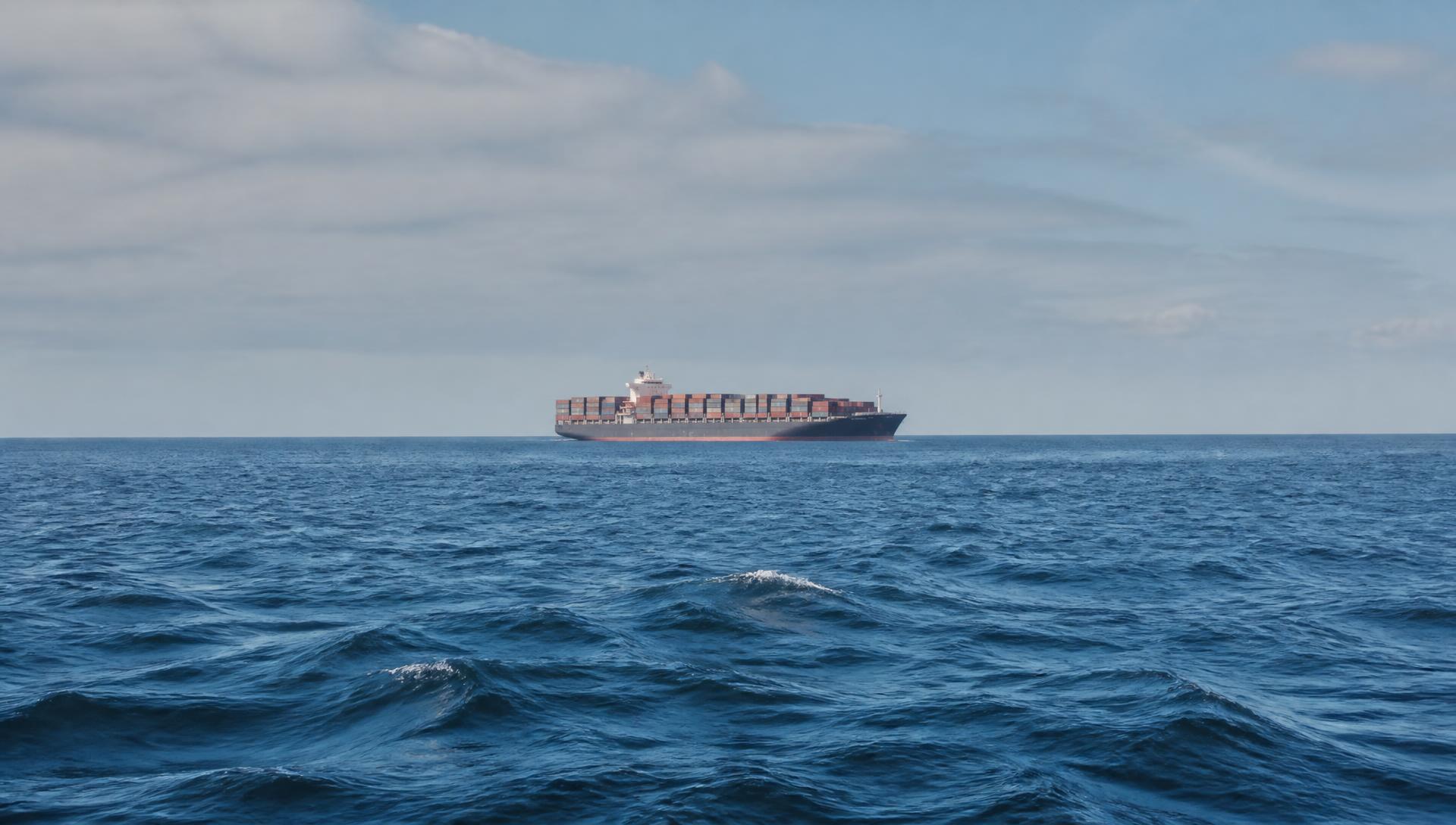 Open sea with a container ship on the horizon